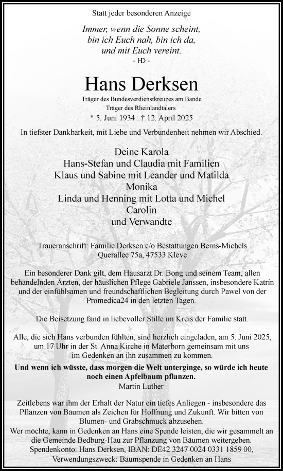 Traueranzeige von Hans Derksen von NNA