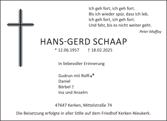 Traueranzeige von Hans-Gerd Schaap von NNA