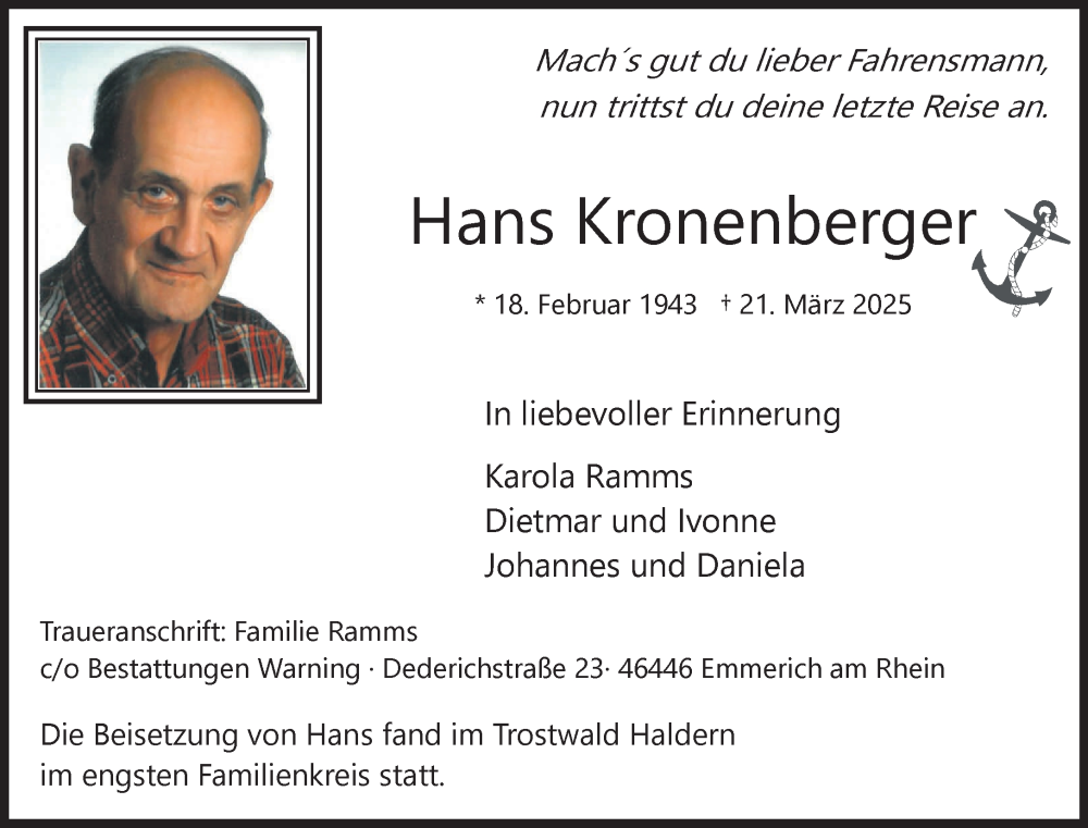 Traueranzeige für Hans Kronenberger vom 05.04.2025 aus NNA