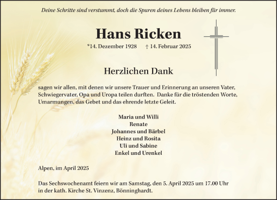 Traueranzeige von Hans Ricken von NNA