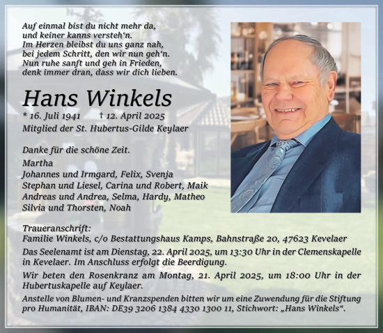 Traueranzeige von Hans Winkels von NNA