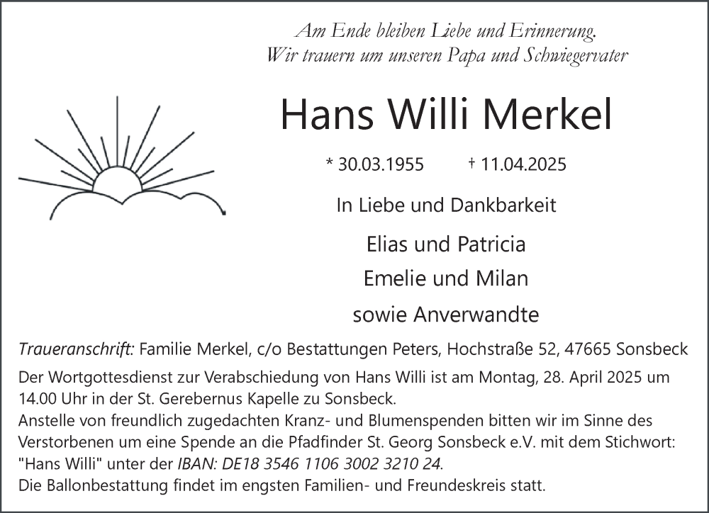  Traueranzeige für Hans Willi Merkel vom 19.04.2025 aus NNA