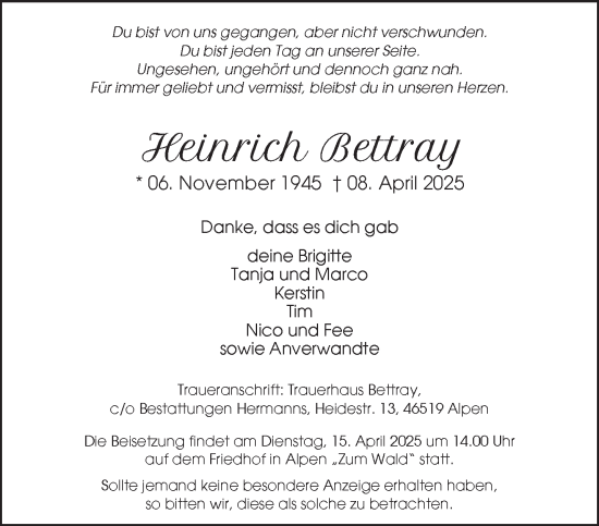Traueranzeige von Heinrich Bettray von NNA