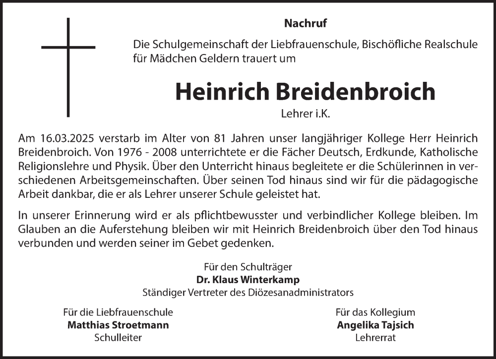  Traueranzeige für Heinrich Breidenbroich vom 26.03.2025 aus NNA