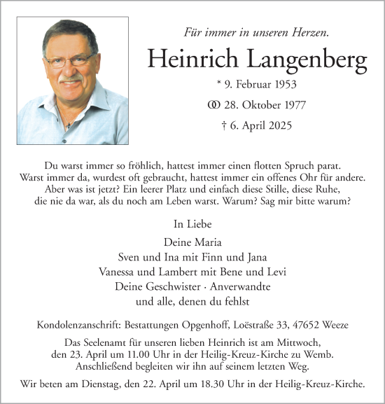 Traueranzeige von Heinrich Langenberg von NNA