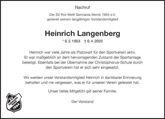 Traueranzeige von Heinrich Langenberg von NNA