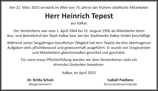Traueranzeige von Heinrich Tepest von NNA