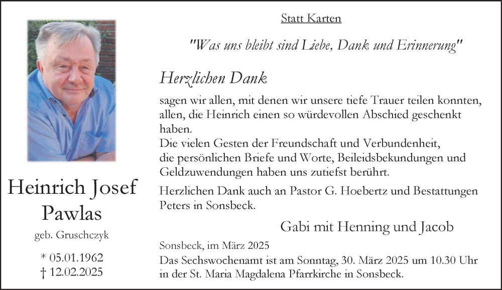  Traueranzeige für Heinrich Josef Pawlas vom 22.03.2025 aus NNA