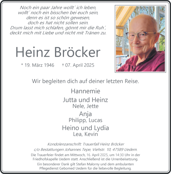 Traueranzeige von Heinz Bröcker von NNA