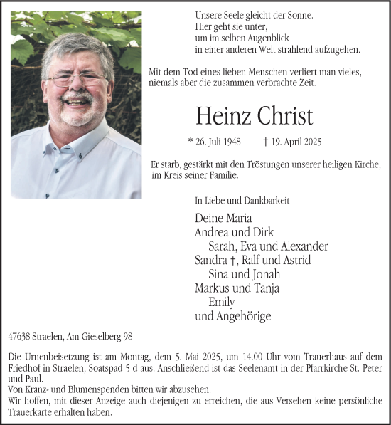 Traueranzeige von Heinz Christ von NNA