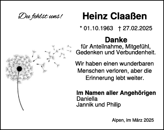 Traueranzeige von Heinz Claaßen von NNA