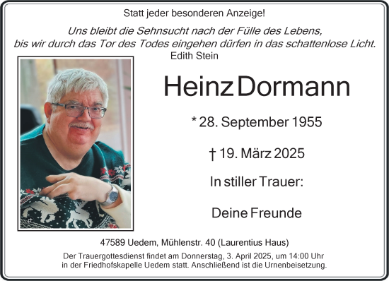Traueranzeige von Heinz Dormann von NNA