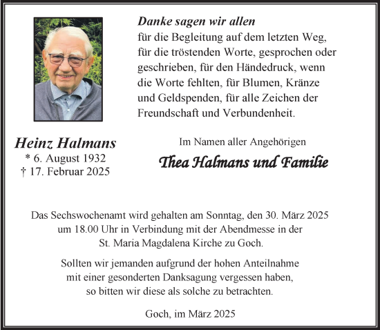 Traueranzeige von Heinz Halmans von NNA