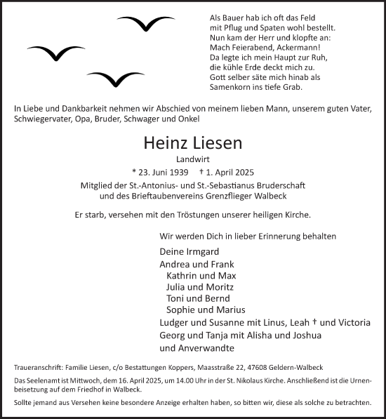 Traueranzeige von Heinz Liesen von NNA