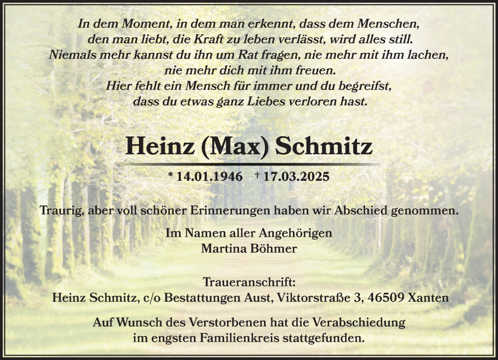  Traueranzeige für Heinz Schmitz vom 29.03.2025 aus NNA