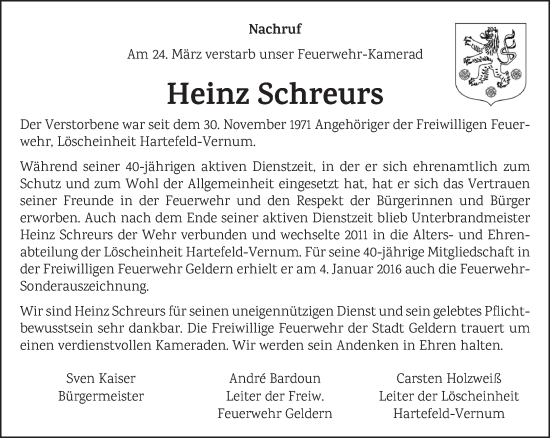 Traueranzeige von Heinz Schreurs von NNA