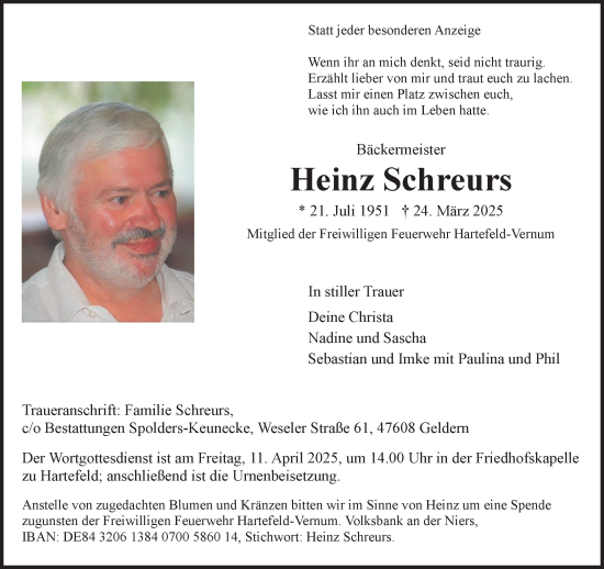 Traueranzeige von Heinz Schreurs von NNA