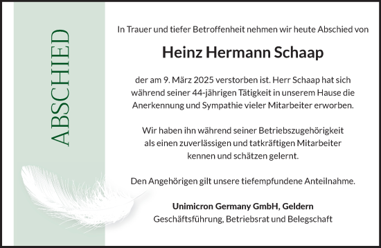 Traueranzeige von Heinz Hermann Schaap von NNA