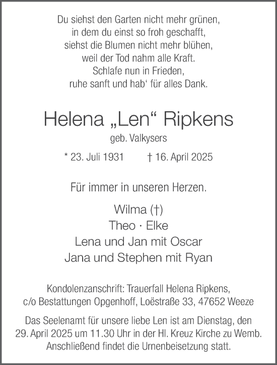 Traueranzeige von Helena Ripkens von NNA