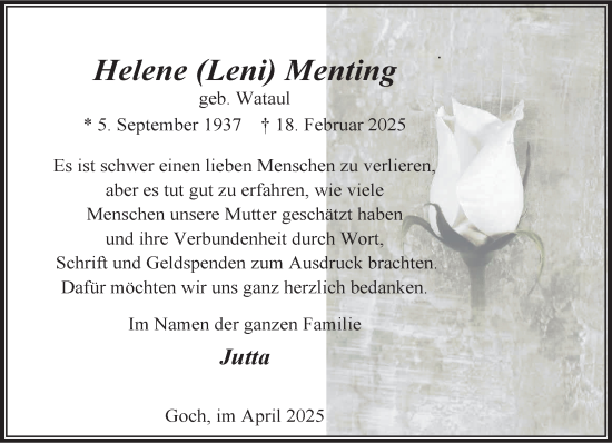 Traueranzeige von Helene Menting von NNA