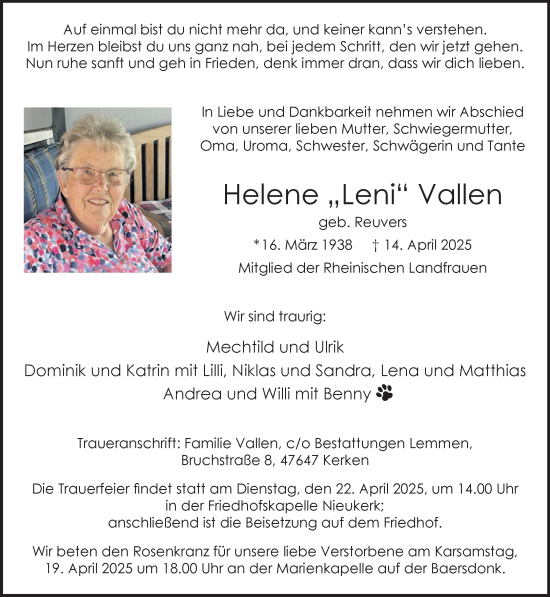 Traueranzeige von Helene Vallen von NNA