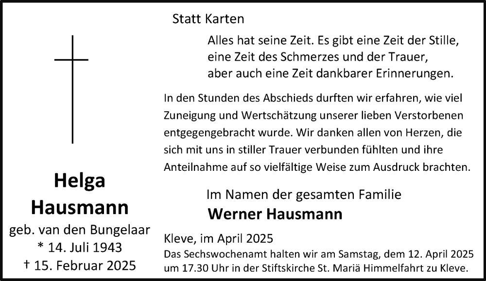  Traueranzeige für Helga Hausmann vom 05.04.2025 aus NNA
