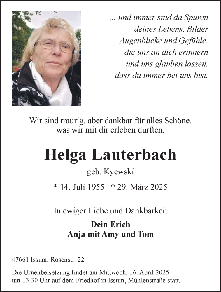  Traueranzeige für Helga Lauterbach vom 12.04.2025 aus NNA