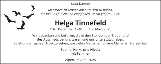 Traueranzeige von Helga Tinnefeld von NNA
