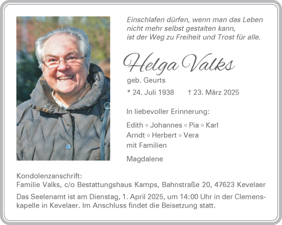 Traueranzeige von Helga Valks von NNA