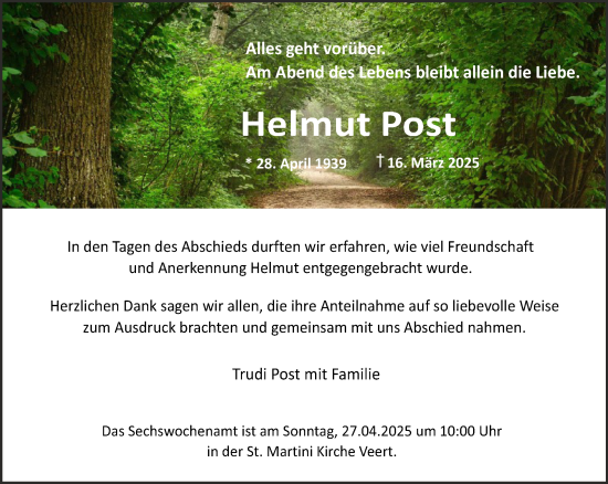 Traueranzeige von Helmut Post von NNA