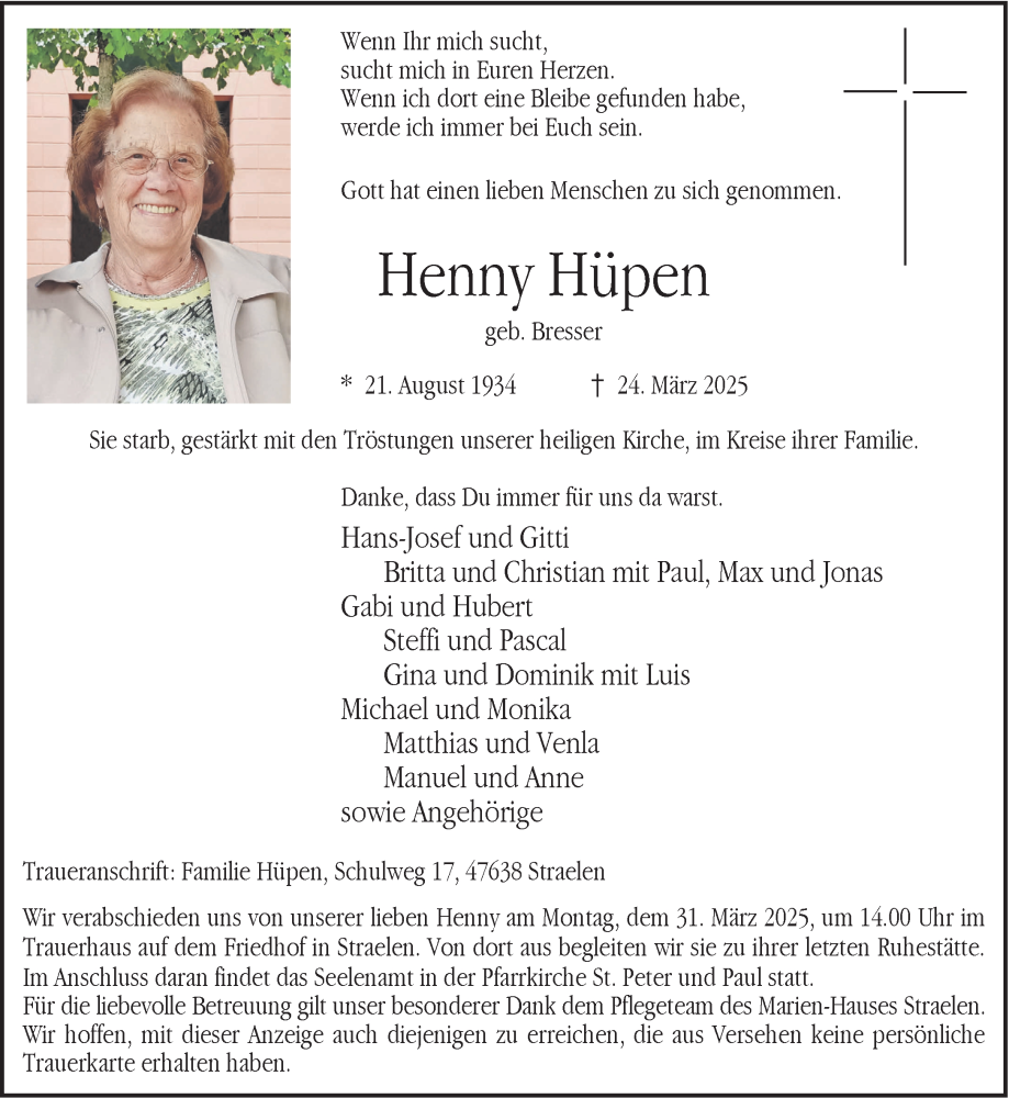  Traueranzeige für Henny Hüpen vom 29.03.2025 aus NNA