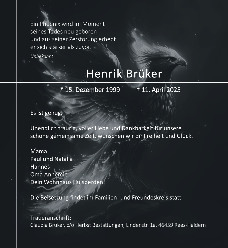  Traueranzeige für Henrik Brüker vom 19.04.2025 aus NNA