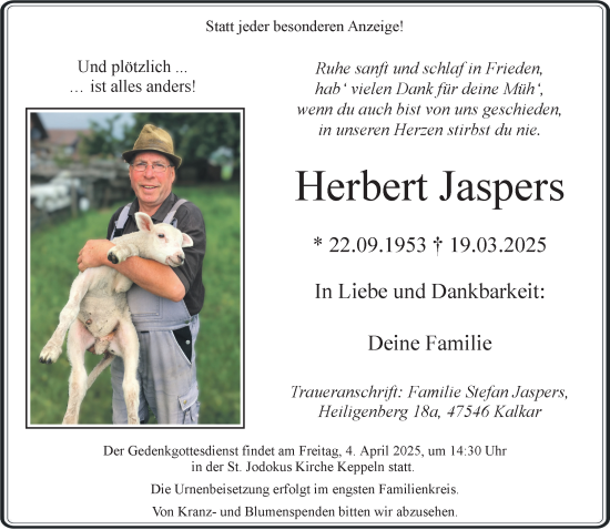 Traueranzeige von Herbert Jaspers von NNA