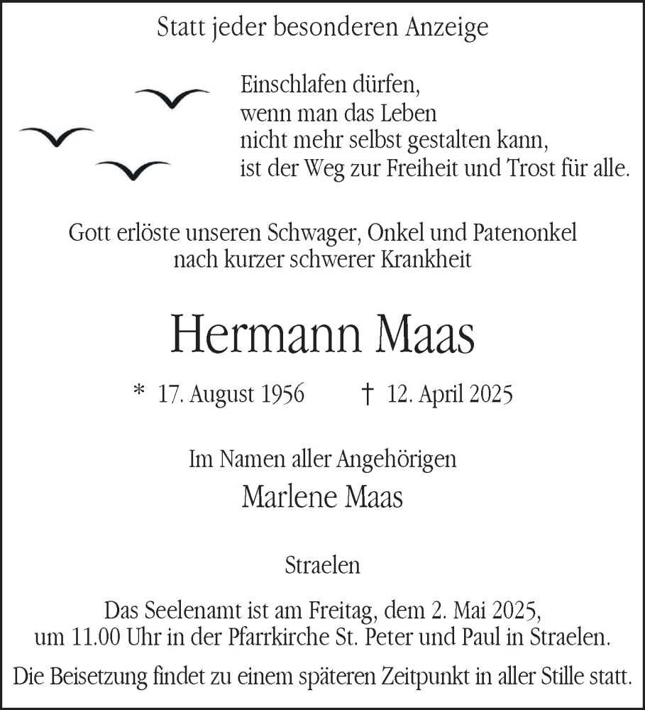  Traueranzeige für Hermann Maas vom 26.04.2025 aus NNA