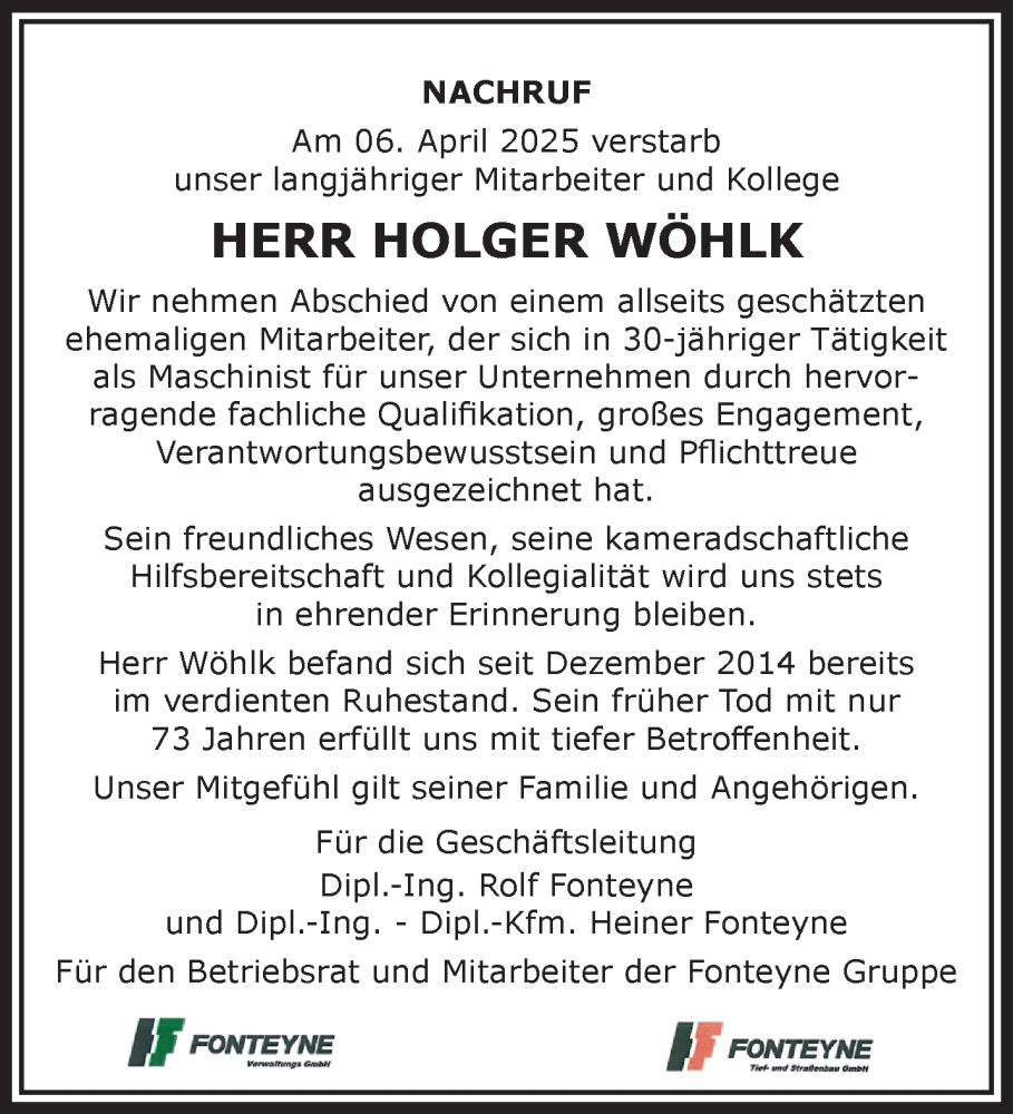 Traueranzeige für Holger Wöhlk vom 26.04.2025 aus NNA