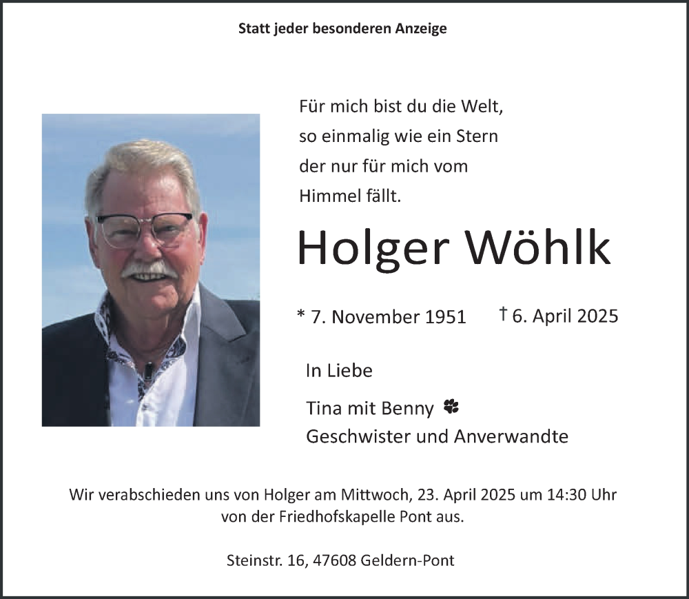  Traueranzeige für Holger Wöhlk vom 19.04.2025 aus NNA