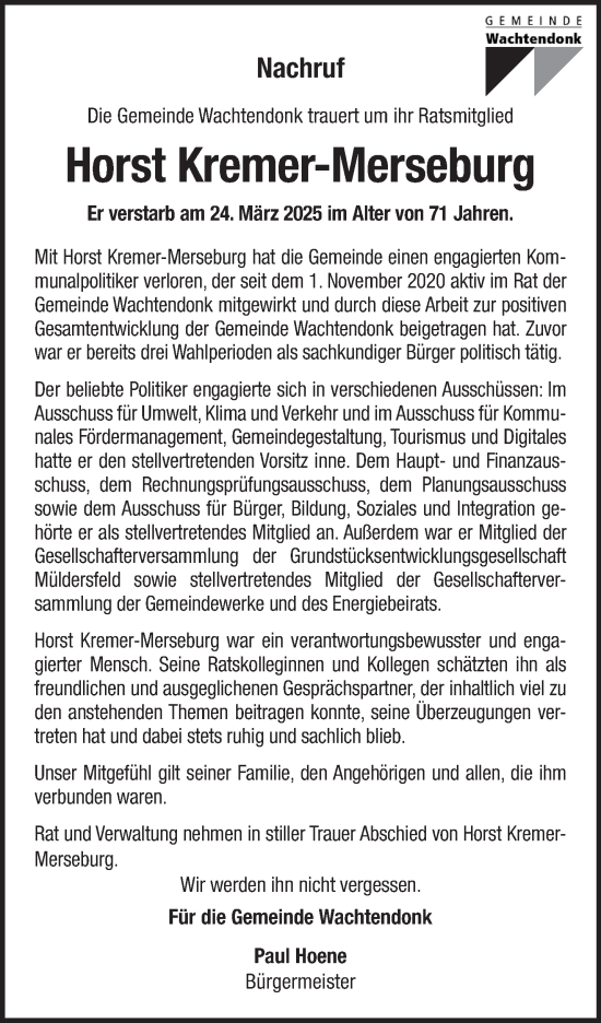 Traueranzeige von Horst Kremer-Merseburg von NNA