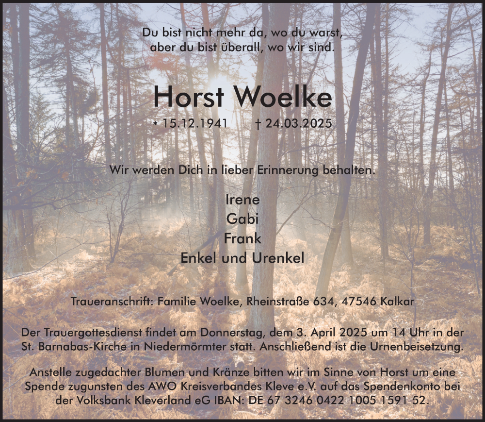  Traueranzeige für Horst Woelke vom 29.03.2025 aus NNA