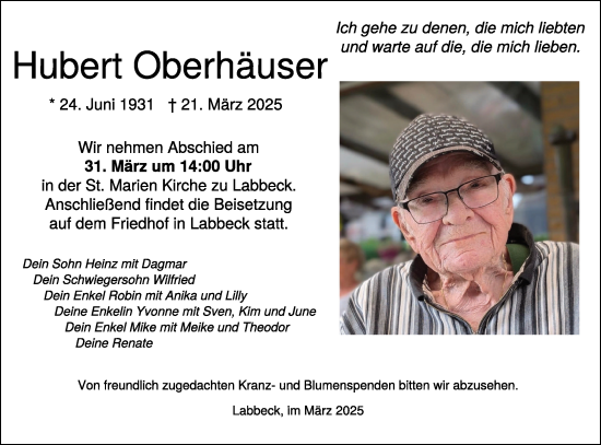 Traueranzeige von Hubert Oberhäuser von NNA