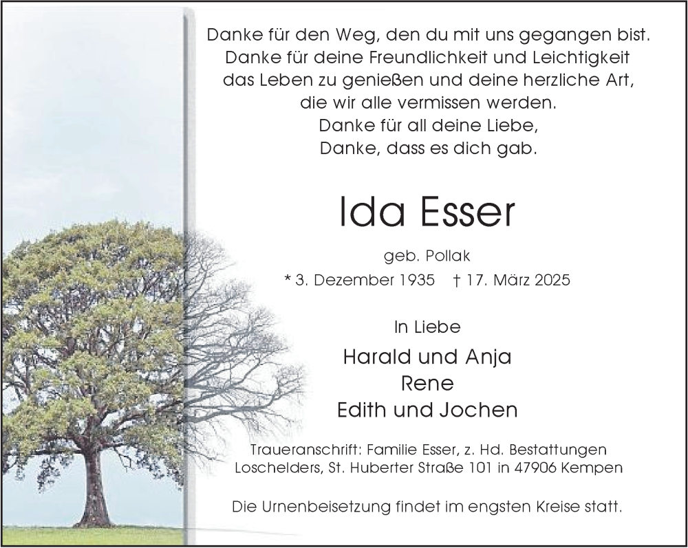  Traueranzeige für Ida Esser vom 22.03.2025 aus NNA