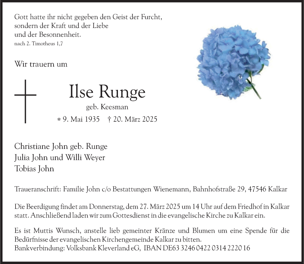  Traueranzeige für Ilse Runge vom 26.03.2025 aus NNA