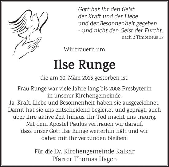 Traueranzeige von Ilse Runge von NNA
