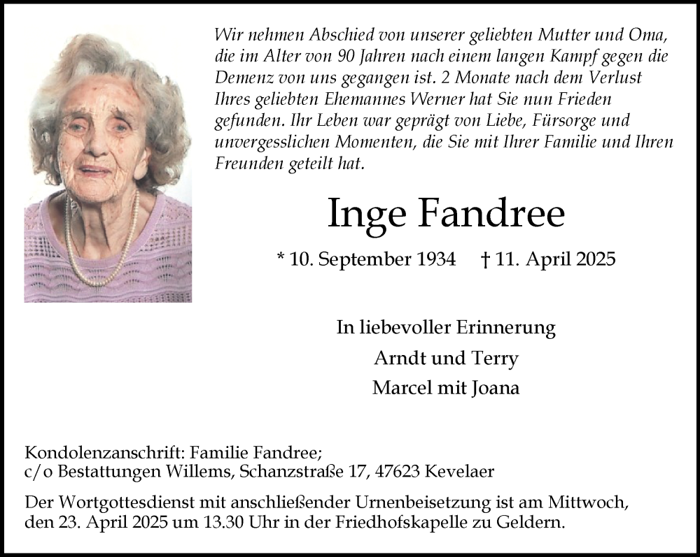  Traueranzeige für Inge Fandree vom 19.04.2025 aus NNA