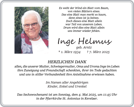 Traueranzeige von Inge Helmus von NNA