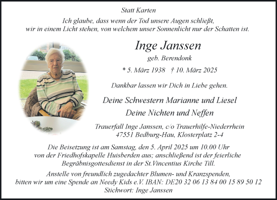 Traueranzeige von Inge Janssen von NNA