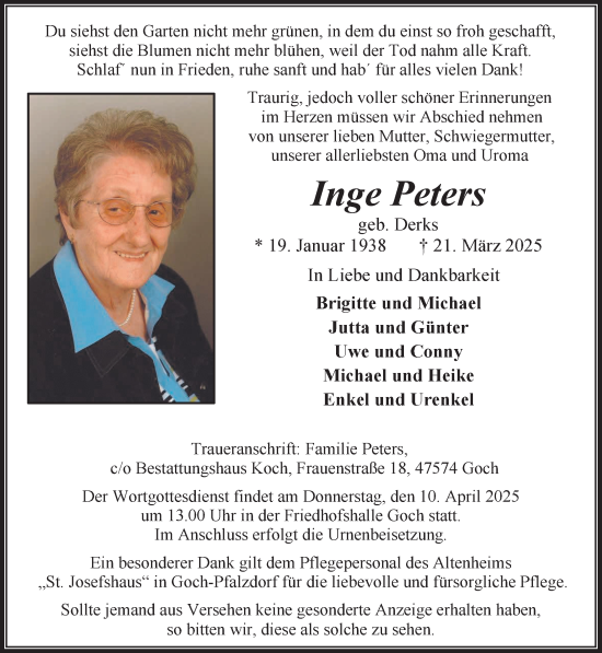 Traueranzeige von Inge Peters von NNA