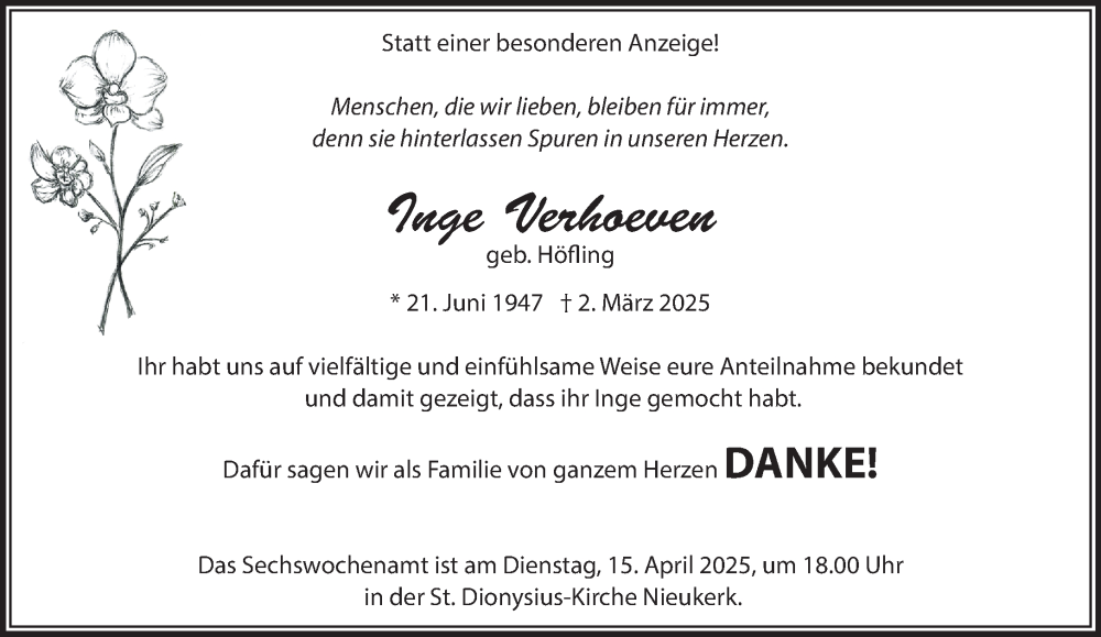  Traueranzeige für Inge Verhoeven vom 12.04.2025 aus NNA