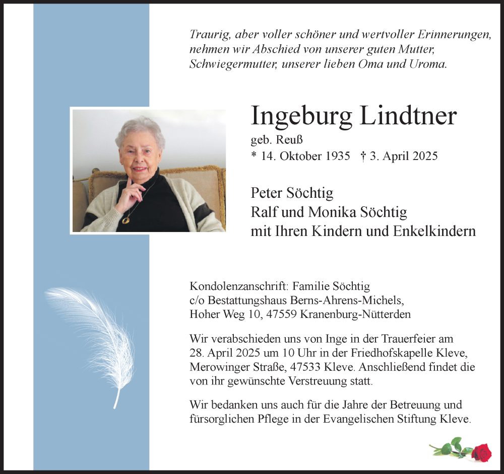  Traueranzeige für Ingeburg Lindtner vom 19.04.2025 aus NNA