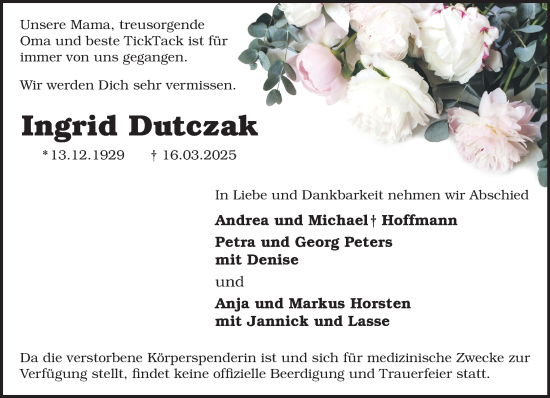 Traueranzeige von Ingrid Dutczak von NNA