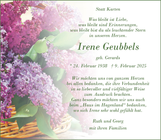 Traueranzeige von Irene Geubbels von NNA